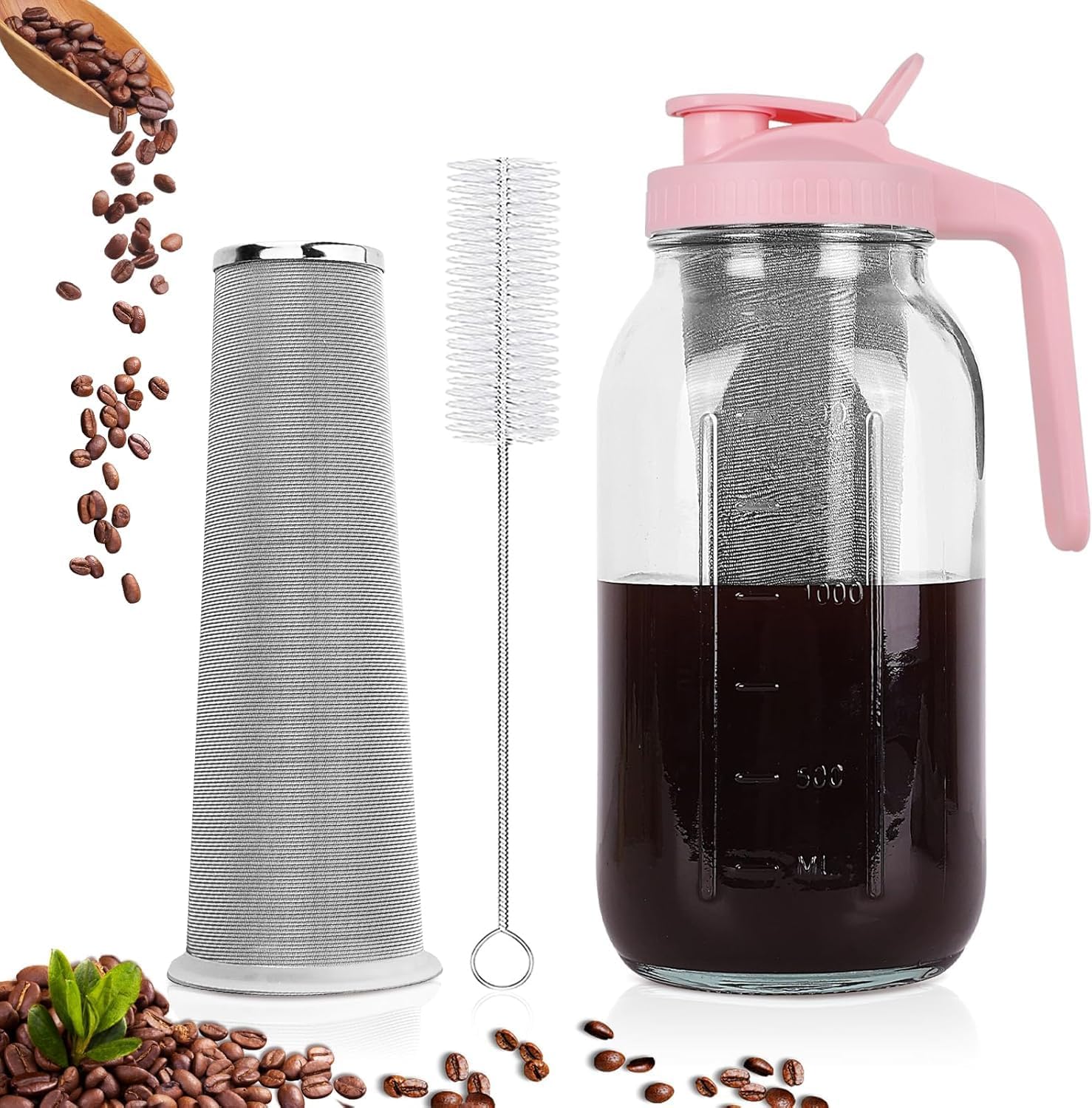 Kaffeemaschine Für Kaltbrühkaffee, 1,8 L – Glas Und Edelstahl – 160-mikron-filter – Für Kaffee Und Kalten Tee – Rosa
