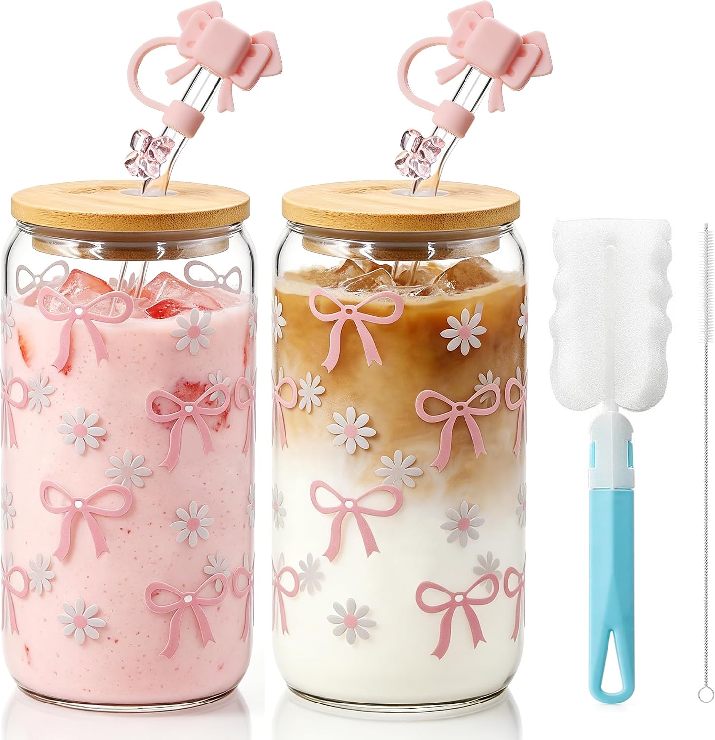 Set Mit 2 Bubble-tea-gläsern 500 Ml – Rosa Borosilikatglas Mit Deckel Und Strohhalm – Matcha-becher Für Eiskaffee Und Smoothies