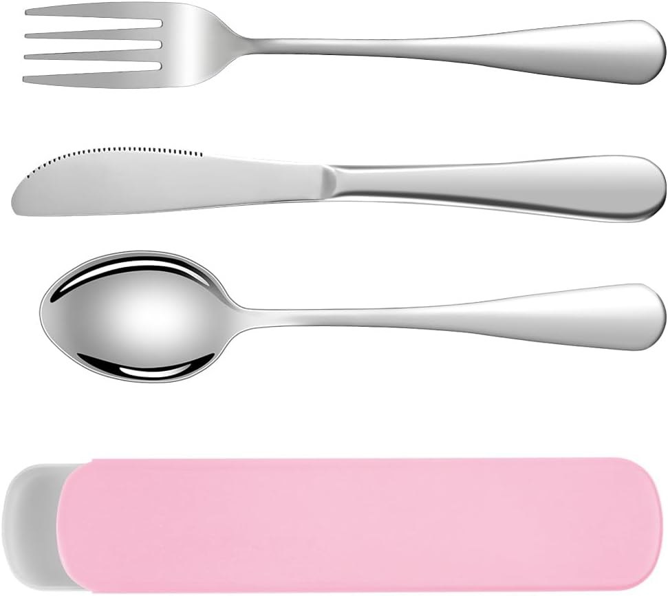 3-teiliges Besteckset Für Die Lunchbox – Platzsparende Box, Spülmaschinenfest – Messer, Gabel, Löffel – Wandern, Reisen, Büro (rosa)