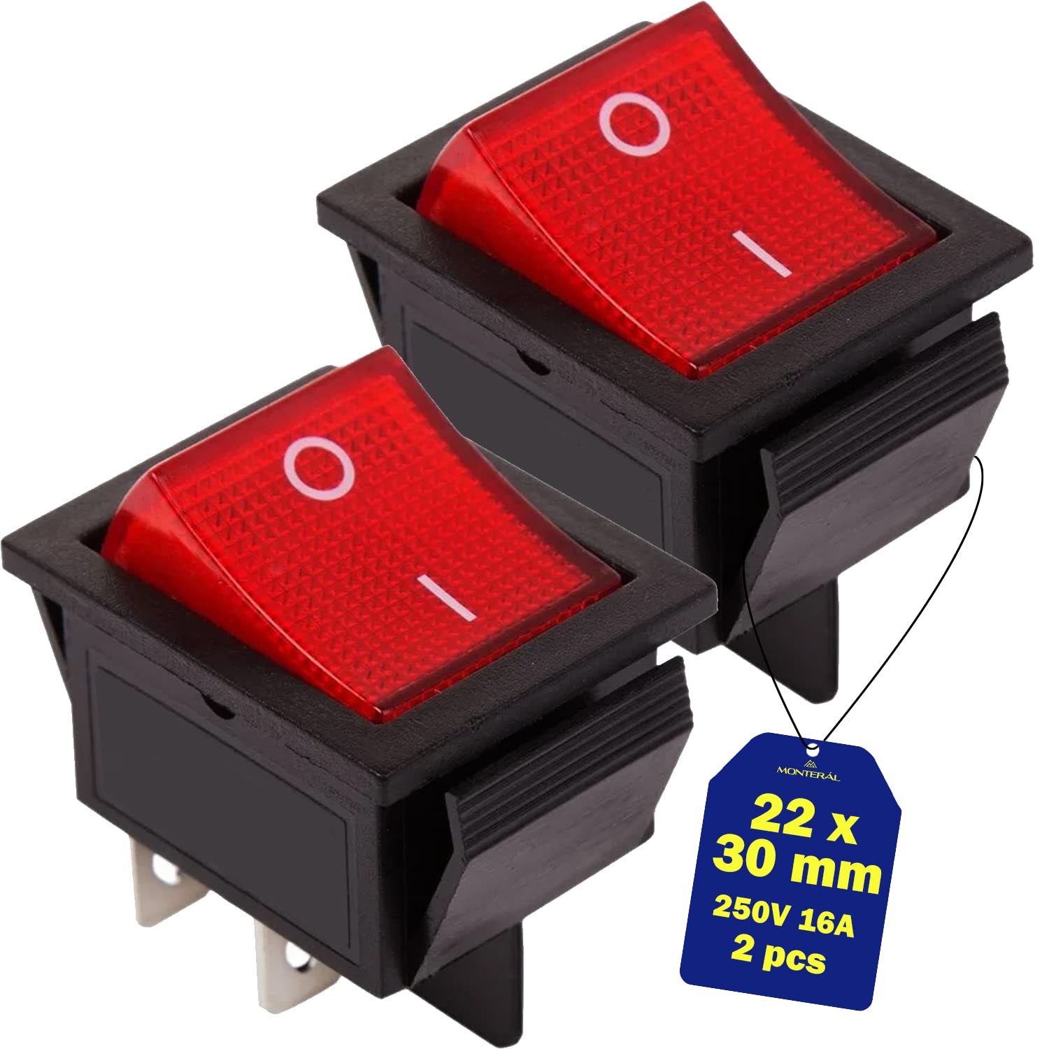 Rot Beleuchteter Zweipoliger Schalter 250 V 16 A, Schwarzes Gehäuse, 4 Faston 6,3 Mm Für Elektronische Bedienfelder