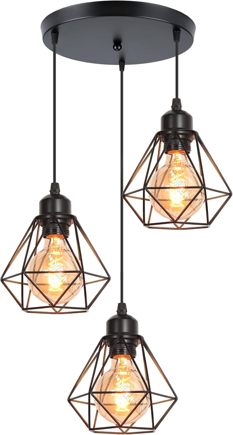 Industrielle Pendelleuchte, 3-flammig, Schwarzer Metallkäfig, Ø 16 Cm, E27-fassung, Deckenleuchte Im Vintage-design Für Wohnzimmer, Küche, Schlafzimmer
