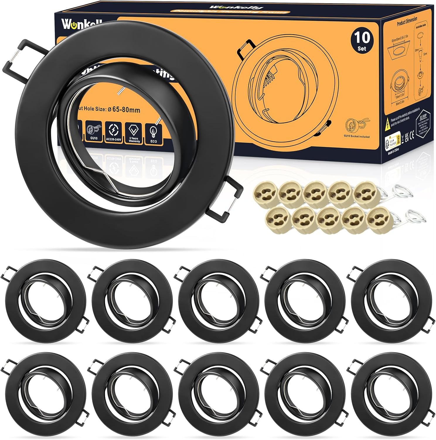 Set Mit 10 Gu10-einbaustrahlern, Gebürstetes Schwarzes Metall, 30° Schwenkbar, Für Wohnzimmer- Und Küchendecken