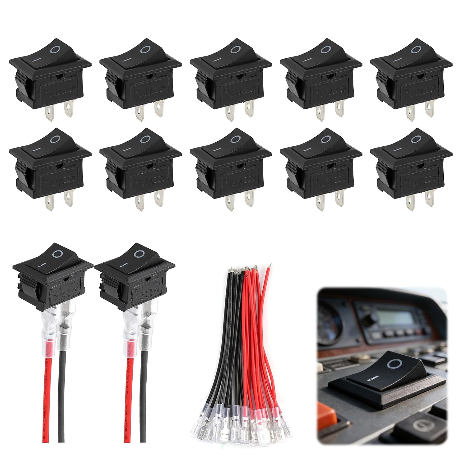 Packung Mit 10 Schwarzen 2-poligen Spst-ein/aus-wippschaltern Für Armaturenbretter Von Autos, Booten Und Elektrogeräten