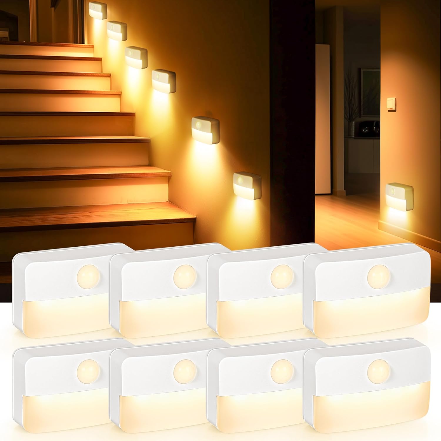 8er-set Led-treppenleuchten – Miniaturdesign – Automatischer Bewegungsmelder – Flur, Schlafzimmer, Kleiderschrank – Warmweiß, Kabellos