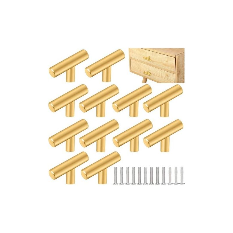 12 Edelstahl-küchenschrankgriffe, 50 Mm X 32 Mm T-griffe, Möbelknöpfe, Silberne Türknöpfe, Einlochige T-förmige Schubladengriffe, Möbelknöpfe Mit 12 Schrauben Für Schranktüren, Gold