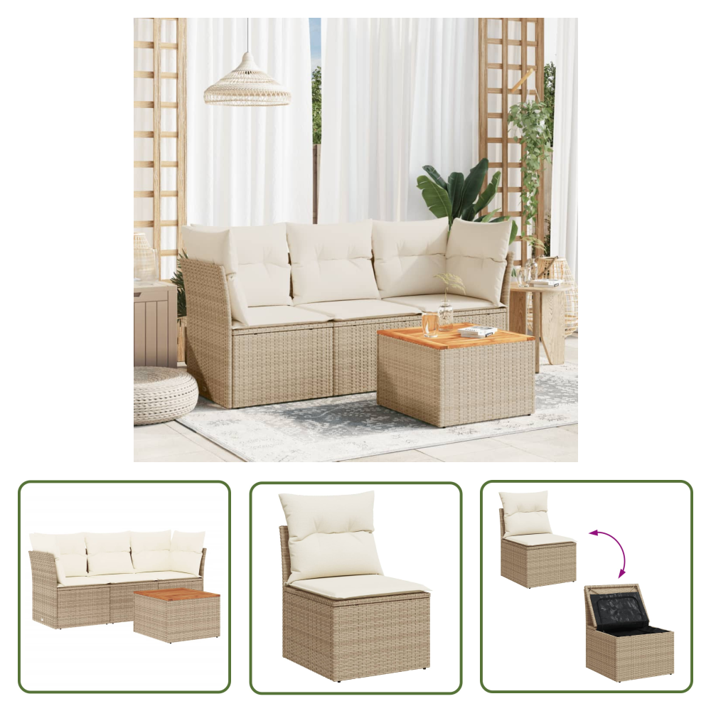 The Living Store 4-tlg. Garten-sofagarnitur Mit Kissen Beige Poly Rattan - Gartenmöbel Set - Pe-rattan Möbel - Outdoor Sofa - Lounge Set - Esstisch