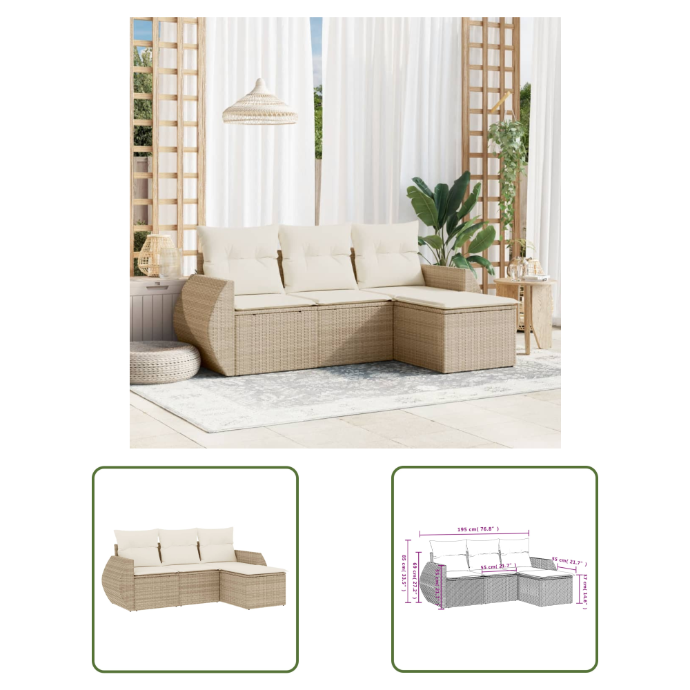 The Living Store 4-tlg. Garten-sofagarnitur Mit Kissen Beige Poly Rattan - Gartenmöbel Set - Pe-rattan Möbel - Outdoor Lounge - Garten Sofa - Gartenstuhl
