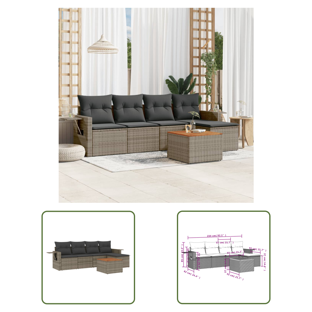 The Living Store 6-tlg. Garten-sofagarnitur Mit Kissen Grau Poly Rattan - Gartenmöbel Set - Pe-rattan Möbel - Outdoor Lounge - Esszimmergarnitur - Balkonmöbel