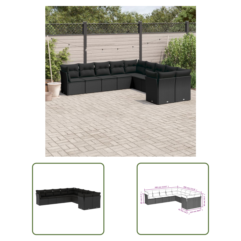 The Living Store 10-tlg. Garten-sofagarnitur Mit Kissen Schwarz Poly Rattan - Gartensortiment - Gartenmöbelset - Lounge Möbel - Rattan Sofa - Gartenlounge