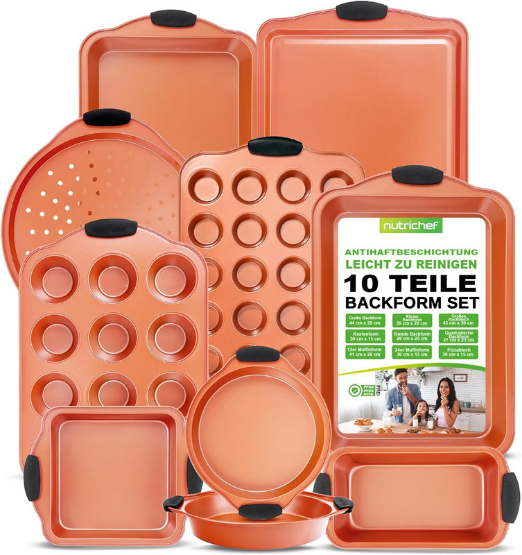 Nutrichef Backset 10-teilig Kupfer Mit Schwarzen Silikongriffen – Backblech, Brotbackform, Muffinform Antihaft Karbonstahl, Stapelbar, Ofenfest Bis 230°c, Spülmaschinenfest