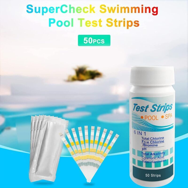 Bandelettes De Test Pour Piscine 6 En 1 Papier Filtre Haute Qualité 50 Bandelettes Avec Nuancier Pour Ph, Chlore, Brome, Alcalinité