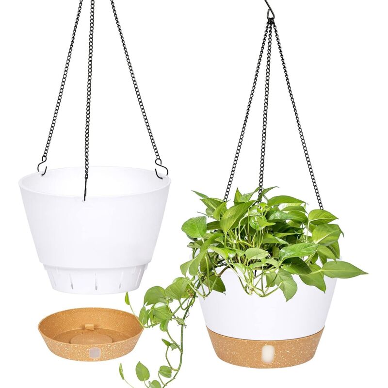 Linghhang 2er-pack Hängeampeln (25 Cm) – Mattweiß, Für Drinnen Und Draußen – Mit Abflussloch Und 3 Haken – Für Pflanzen Und Blumen