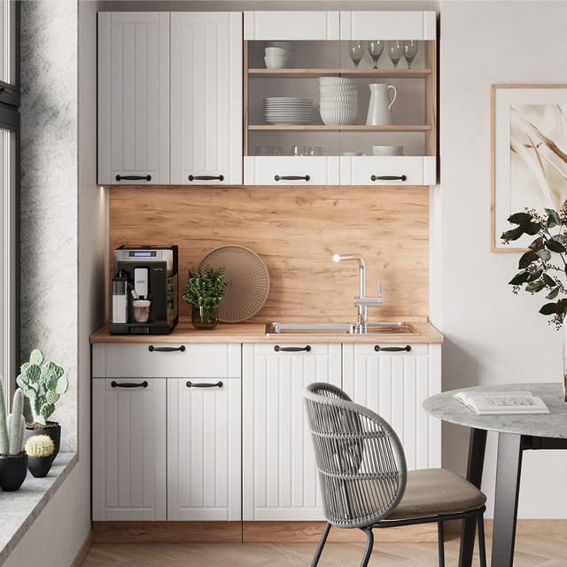 Singleküche Fame-line, Weiß Landhaus, 140 Cm , Ap Marmor, Vicco