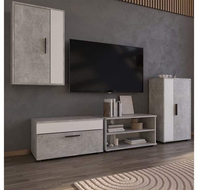 Wohnzimmerschränke Berno, Beton/weiß, 2 Teile, Vicco
