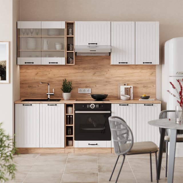 Küchenzeile Fame-line, Weiß Landhaus, 235 Cm , Ap Eiche, Vicco