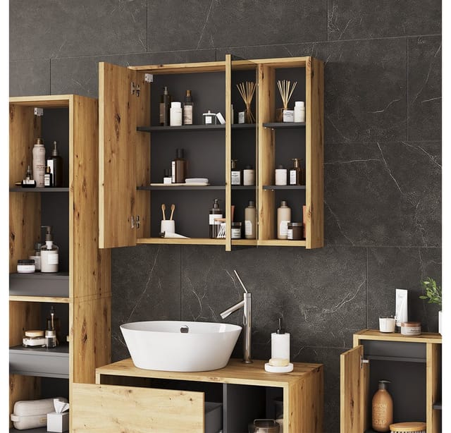 Badspiegelschrank Viola, Artisan/grau, 80 X 75 Cm Mit Offenen Regalen, Vicco