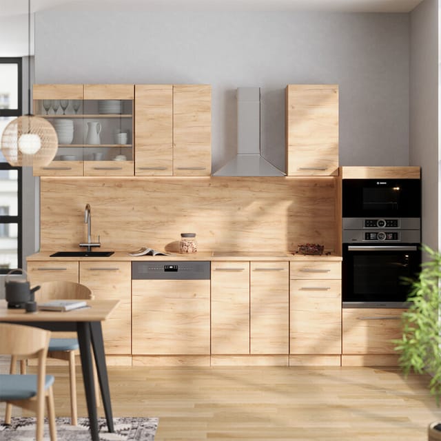 Küchenzeile Fame-line, Goldkraft Eiche, 300 Cm Mit Hochschrank, Ap Anthrazit, Vicco