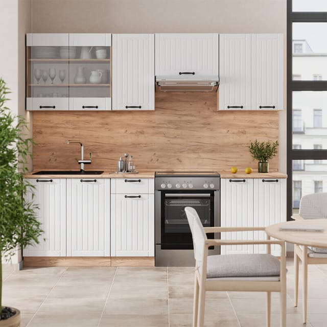 Küchenzeile Fame-line, Weiß Landhaus, 240 Cm Ohne Arbeitsplatte, Vicco