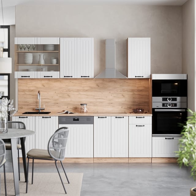 Küchenzeile Fame-line, Weiß Landhaus, 300 Cm Mit Hochschrank, Ap Anthrazit, Vicco