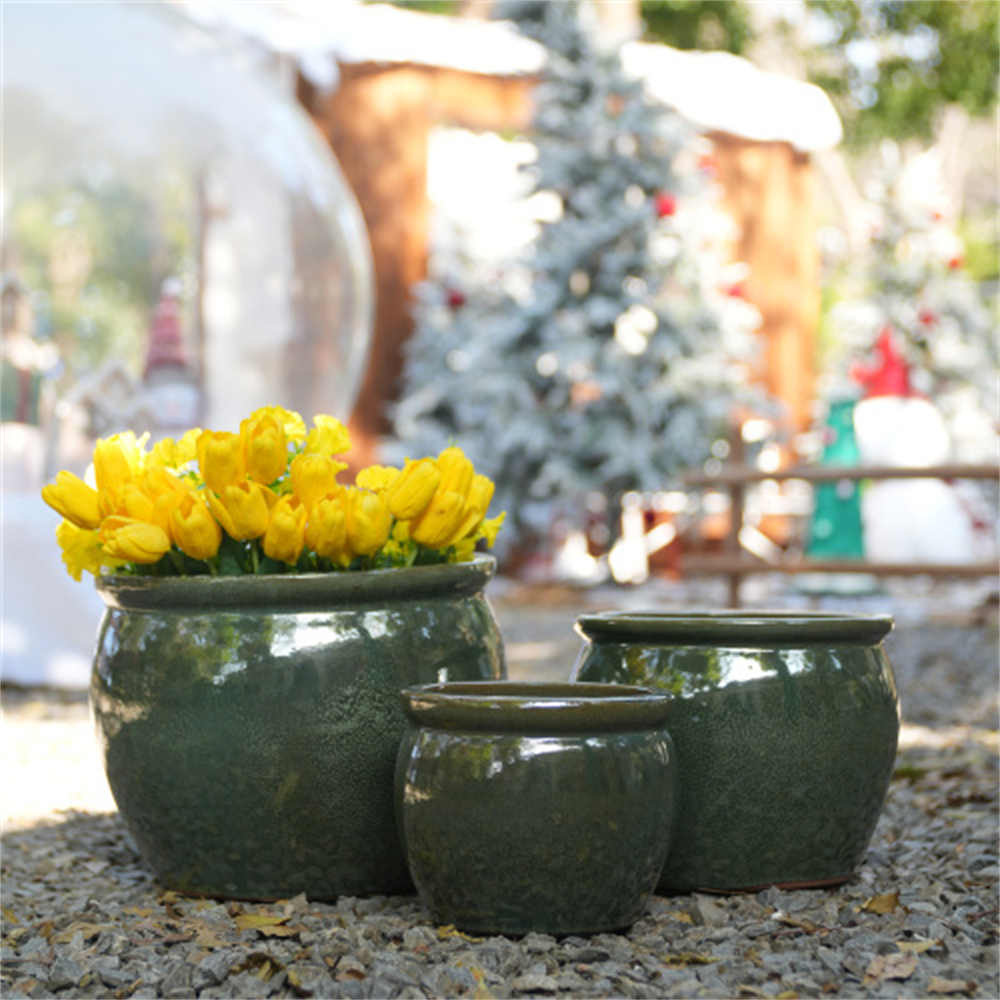 Handgefertigter Keramik-blumentopf – Ø 29,5 X 23 Cm – Atmungsaktiver Vintage-gartentopf Mit Drainageloch – Antikgrün-blau
