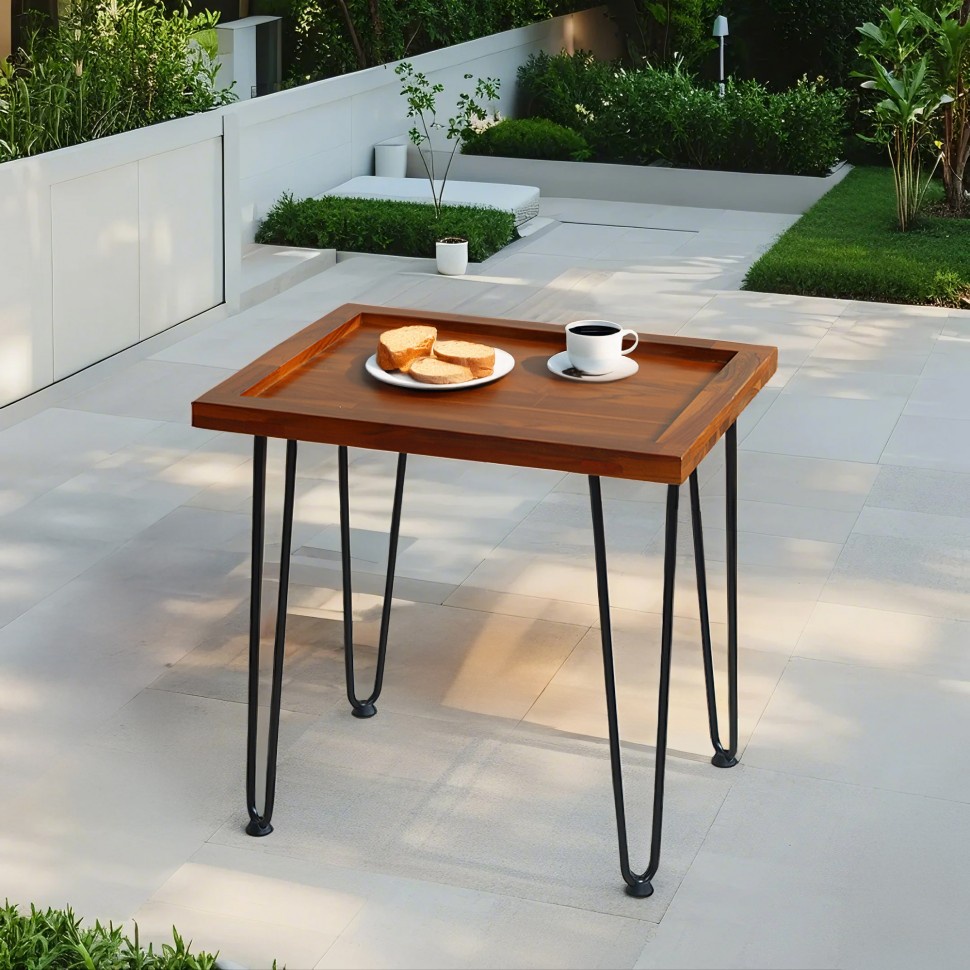 Couchtisch Aus Mahagoni Mit Blattmuster – 55,7 X 44,7 X 52,9 Cm – Fester Teetisch Für Den Garten Mit Lackierten Eisenbeinen – Natur
