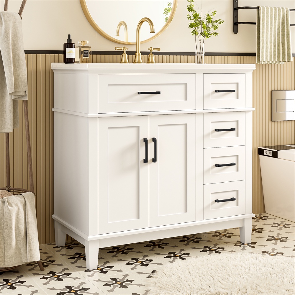 Waschtischunterschrank – 90 X 46 X 87 Cm – Waschtischschrank Mit Keramikwaschbecken Und Multifunktionalem Stauraum – Weiß