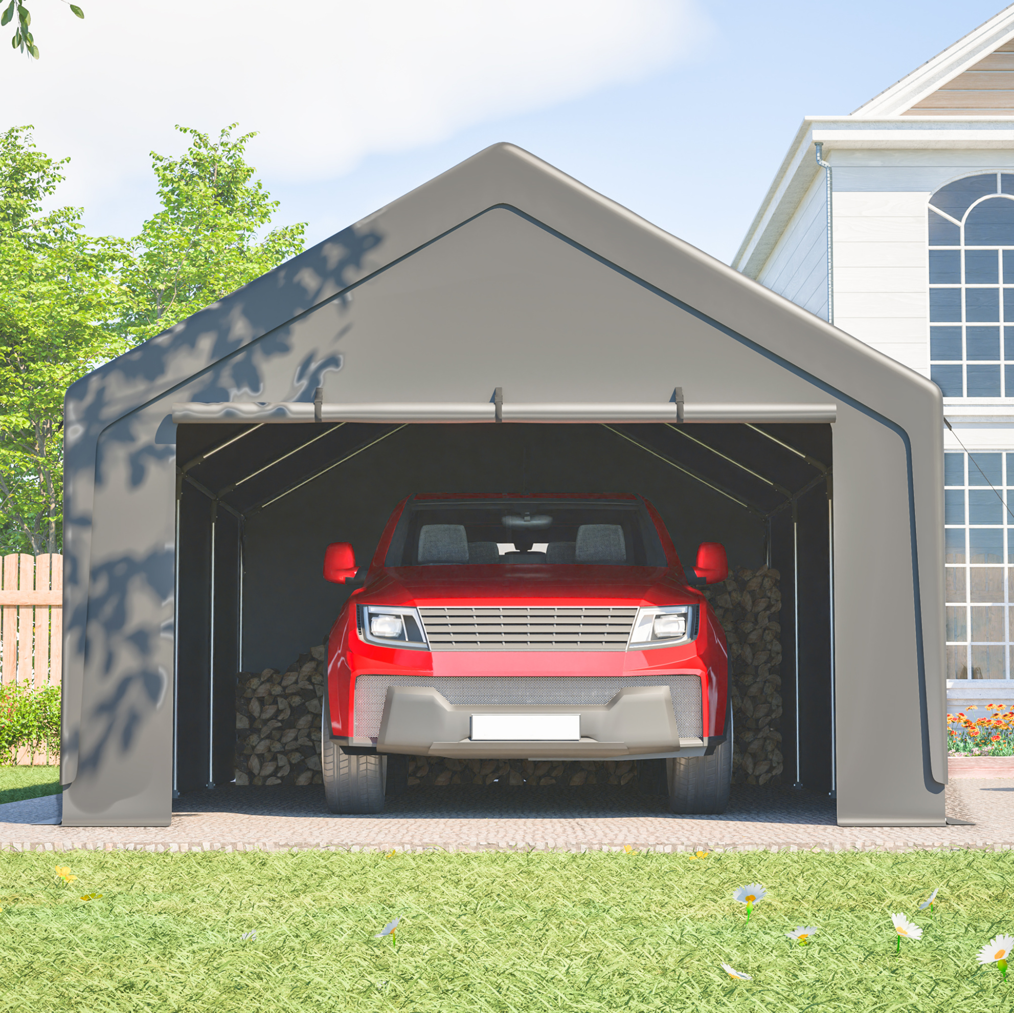 Carport 13 X 25 Ft Mit Verzinkter Stahlkonstruktion, Grau