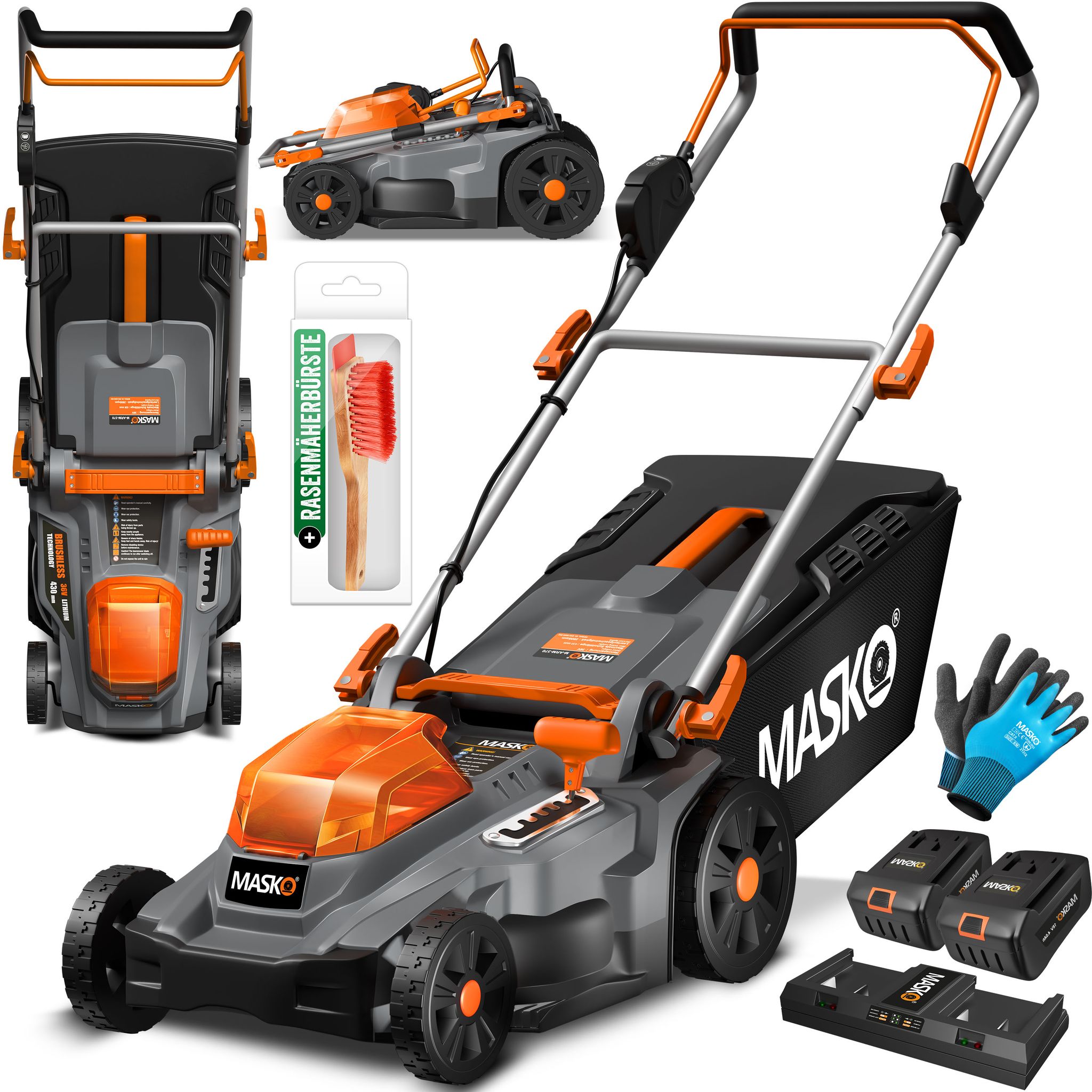 Masko® Akku-rasenmäher Eco-x10 - Schwarz, Orange, Schnittbreite 43 Cm