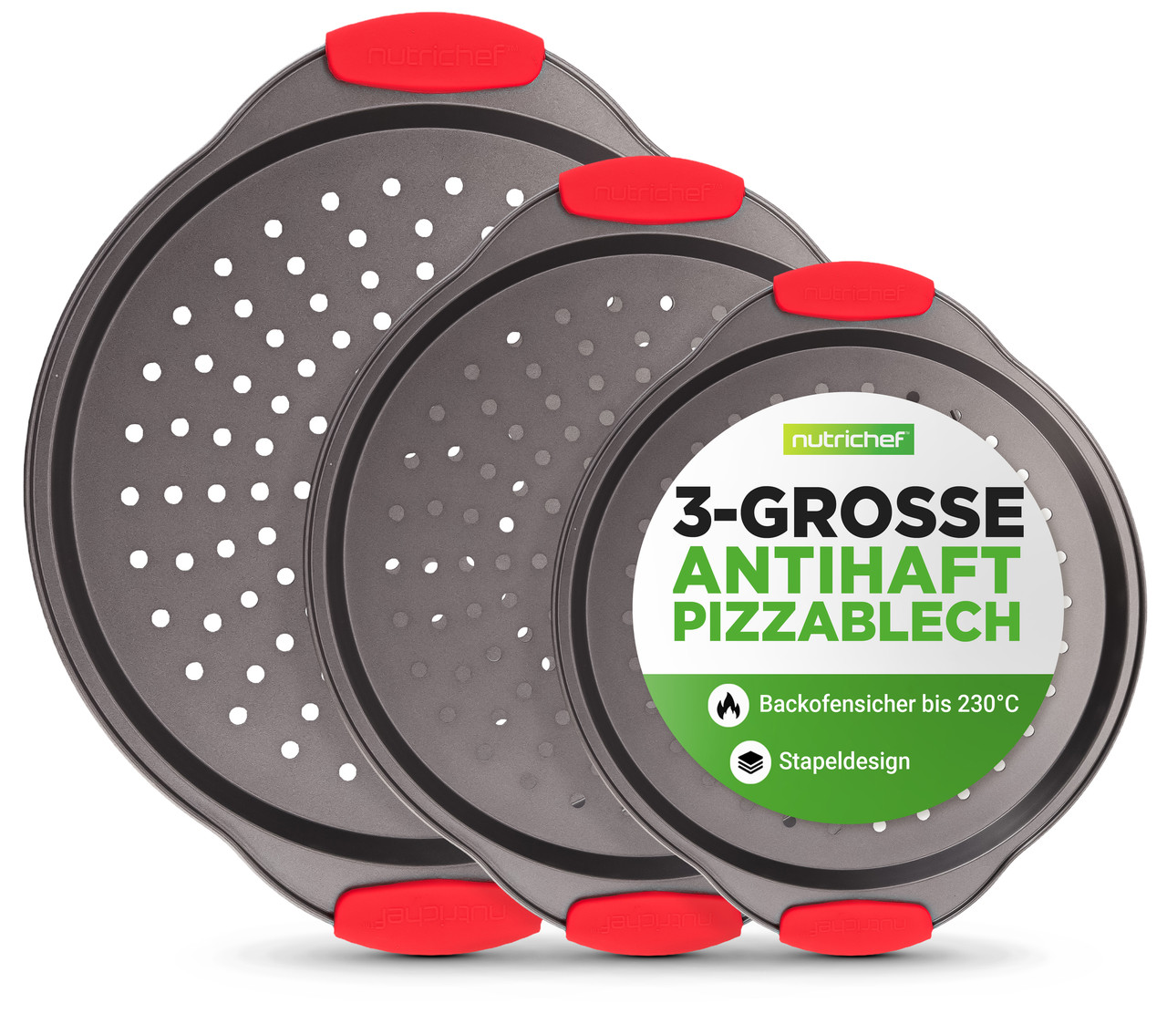 Nutrichef Pizzableche 3er-set Ø24/28/33cm, Schwarz
