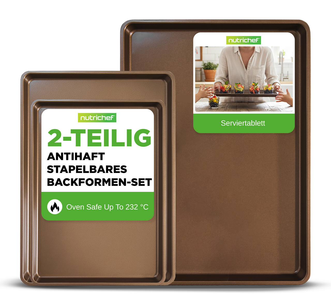 Nutrichef Backblech Set 2-teilig Mit Serviertablett Gold – Antihaft Karbonstahl, Stapelbar, Spülmaschinenfest, Hitzebeständig Bis 232°c, Für Backen Braten Und Servieren
