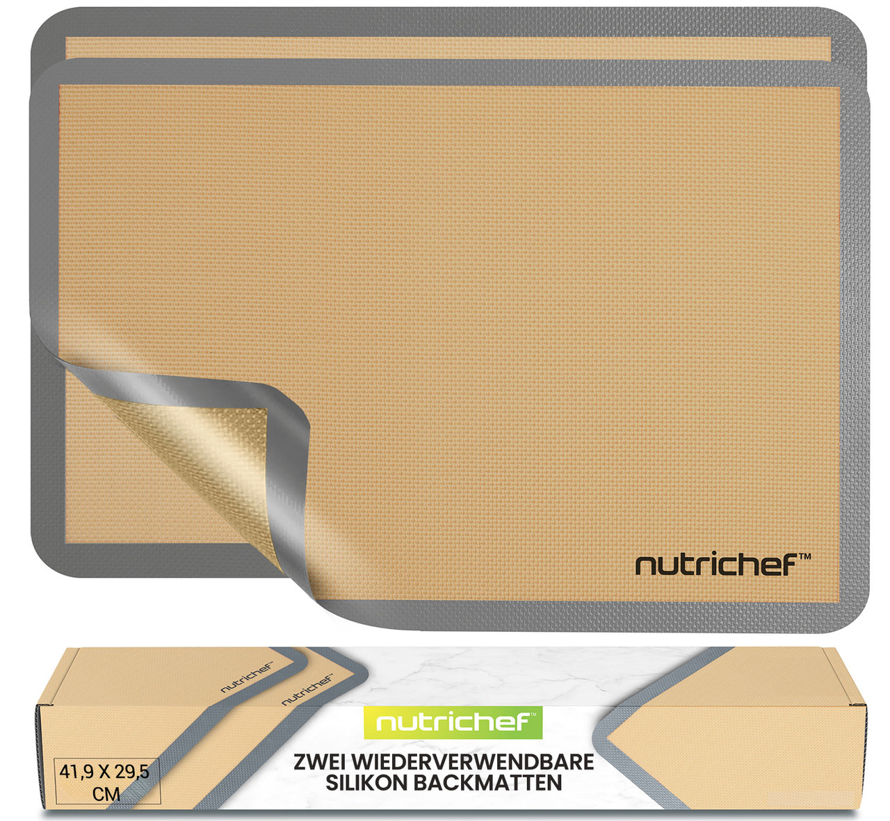 Nutrichef Silikon Backmatten 2er Set 42x28cm, Antihaft, Grau
