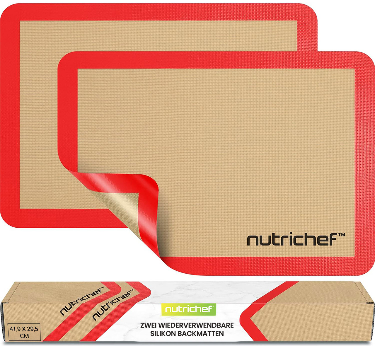 Nutrichef Silikon Backmatten 2er Set 42x28cm, Antihaft, Rot