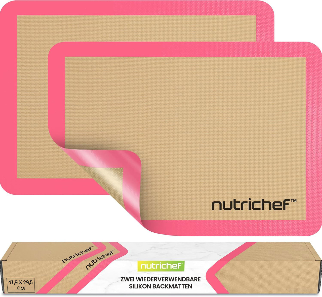 Nutrichef Silikon Backmatten 2er Set 42x28cm, Antihaft, Rosa