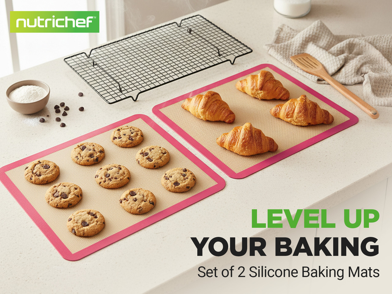 Nutrichef Silikon Backmatten 2er Set 42x62cm, Antihaft, Rosa