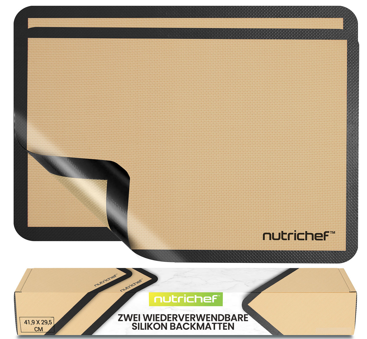 Nutrichef Silikon Backmatten 2er Set 42x28cm, Antihaft, Schwarz