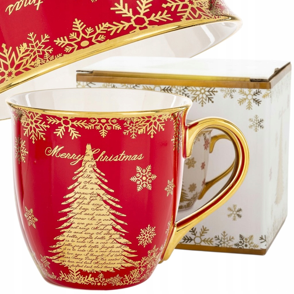 Großer Porzellanbecher In Einer Schachtel, Als Weihnachtsgeschenk, Rot Und Gold