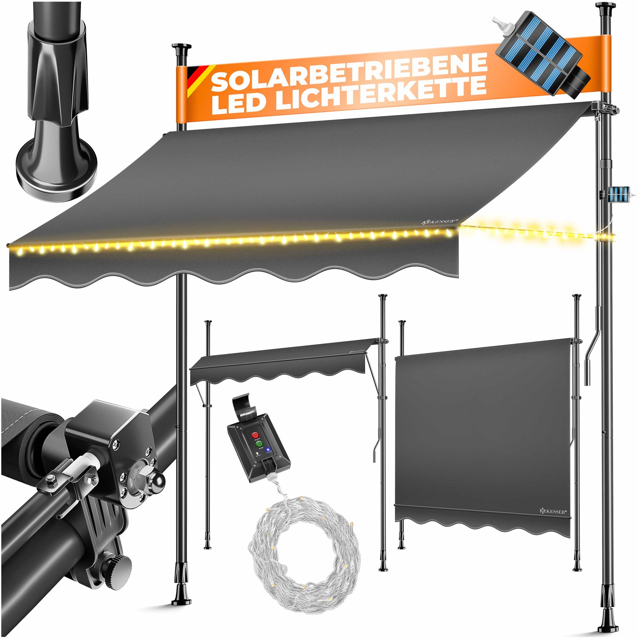 Kesser® Klemmmarkise, Handkurbel & Led-lichterkette - 200 Cm, Anthrazit