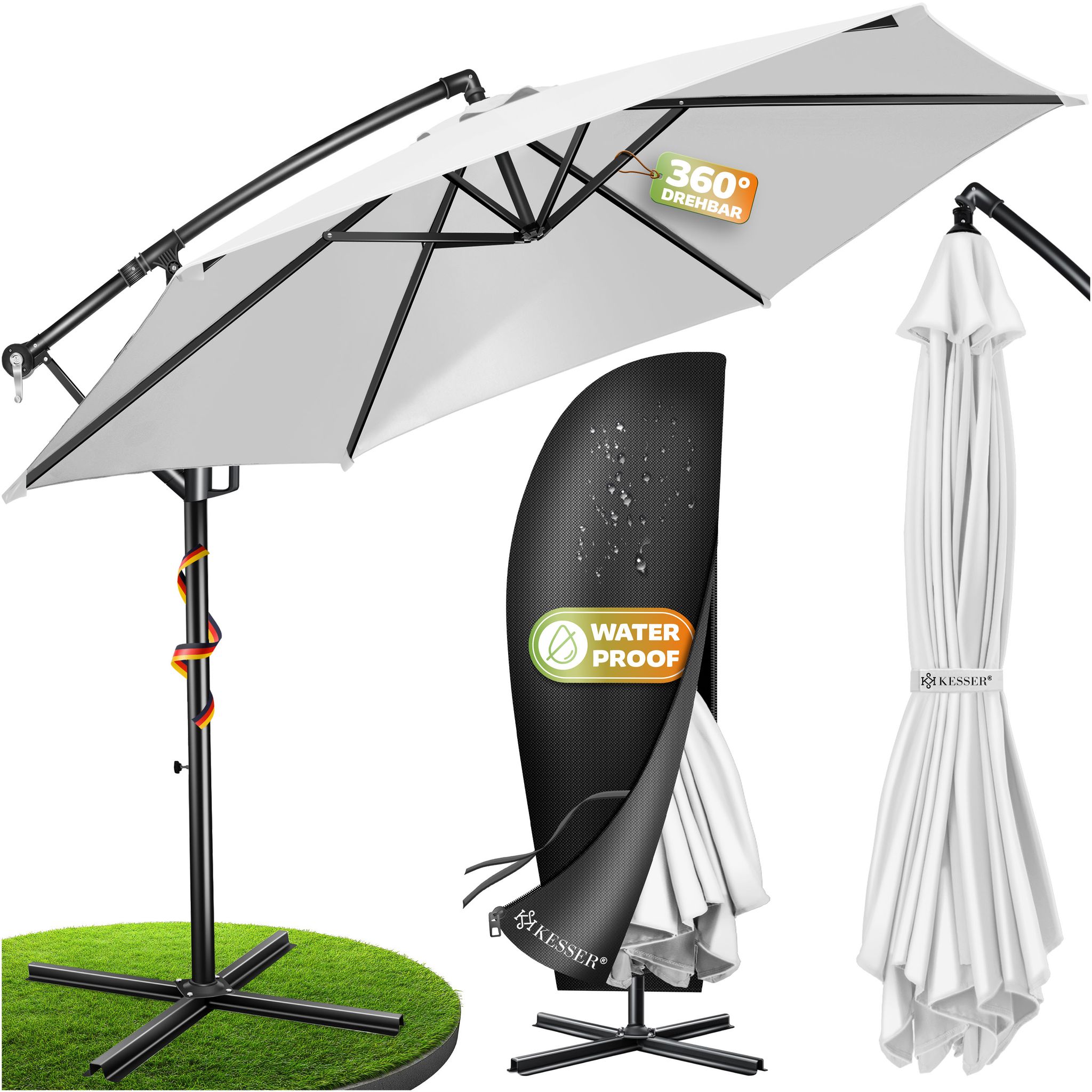 Kesser® Ampelschirm Alu, Kurbel, Uv-schutz, Abdeckung - 300 Cm, Weiß