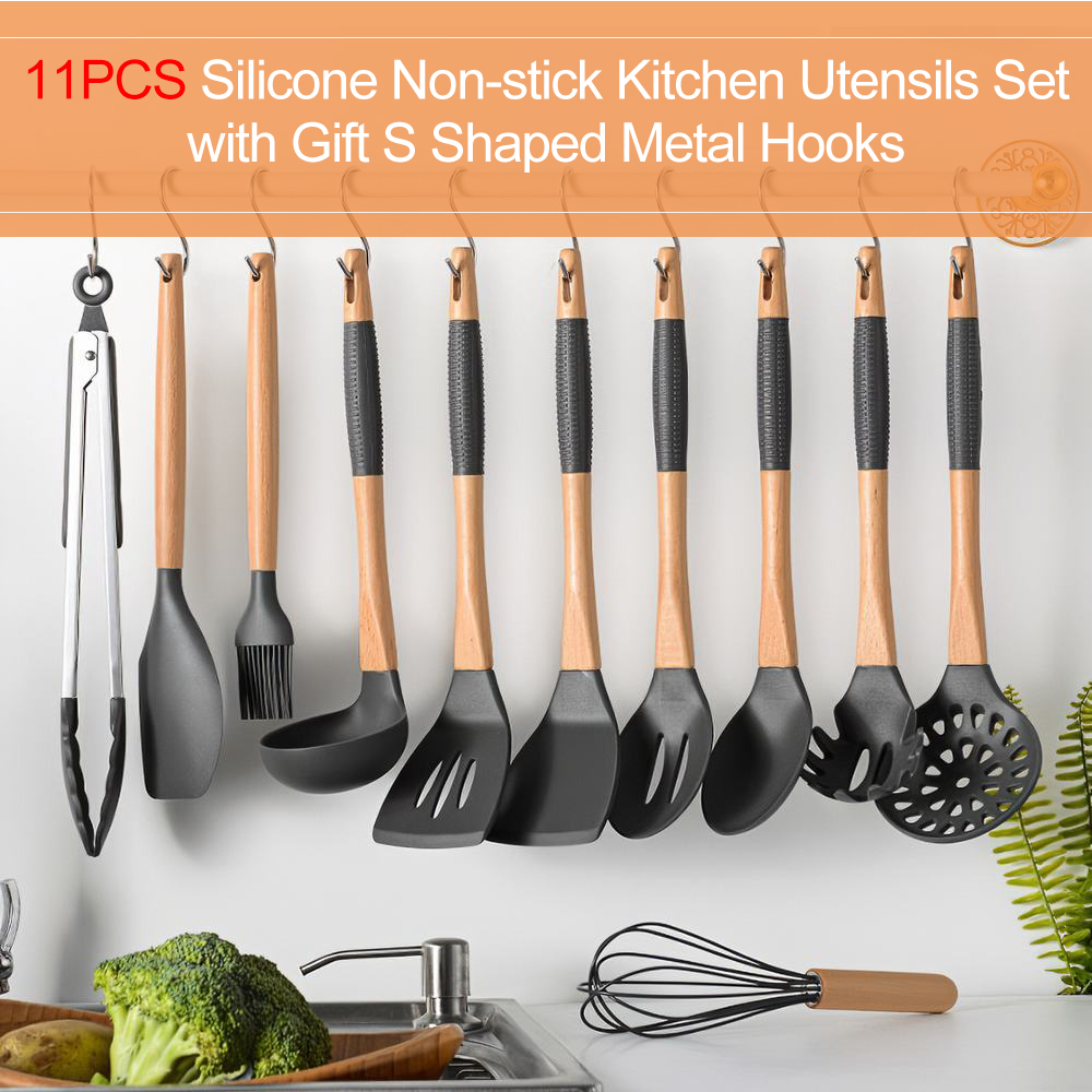 Set Mit 11 Antihaftbeschichteten Küchenutensilien Aus Silikon Mit Holzgriffen, Inklusive Kostenloser S-förmiger Metallhaken, Ungiftiges Küchenset