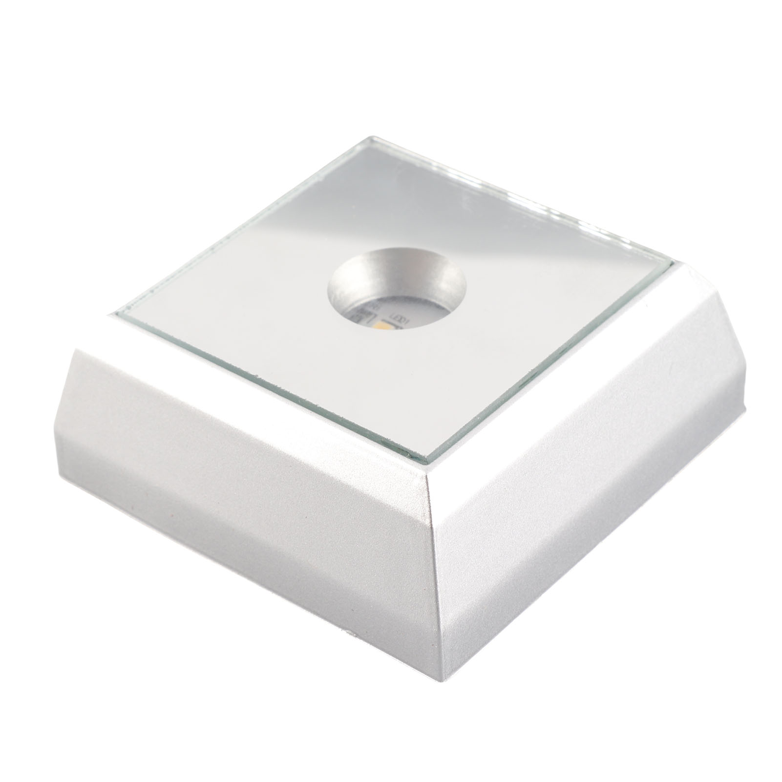 Quadratischer Led-sockel Mit Spiegel Und Farbiger Beleuchtung Zur Präsentation Von Acrylkristallstatuen, Kunstobjekten, Kunststoff, Silberfarben, 6,5 X 6,5 Cm