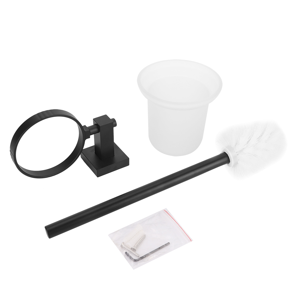 Komplettes Set Schwarzer, Wandmontierter Wc-reiniger Mit Langem Aluminiumgriff Und Becherhalter