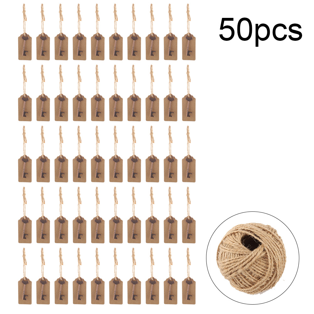 Schlüsselförmiger Flaschenöffner Mit Karte, Anhänger Und Schnur Für Hochzeitsgäste, Gastgeschenk (50 Stück Schnurkarten)