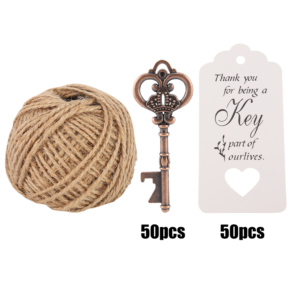 Schlüsselförmiger Flaschenöffner Mit Karte Und Schnur Als Gastgeschenk Für Hochzeitsfeiern (50 Stück Schnur Und Karte)