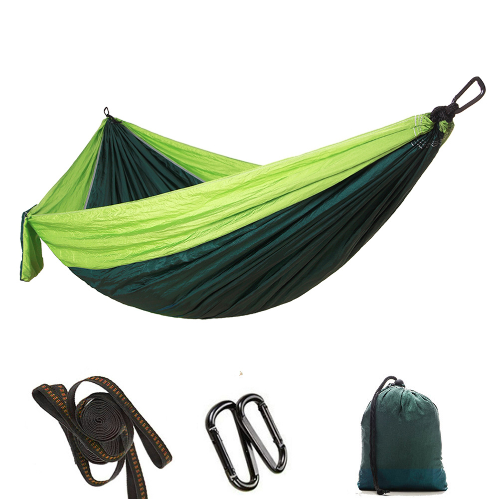 Tragbare Hängematte Für Eine Person Zum Campen Und Wandern, Aus Hellgrünem Und Dunkelblauem Nylon, 300 X 200 Cm, Mit 2 Baumgurten Und 2 Metallschnallen, Tragkraft 300 Kg