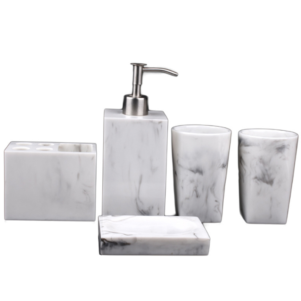 Badezimmer-accessoire-set Aus Kunstharz In Marmoroptik, Bestehend Aus Einem Waschbecken Mit Gläsern, Seifenschale, Zahnbürstenhalter Und Flüssigseifenspender