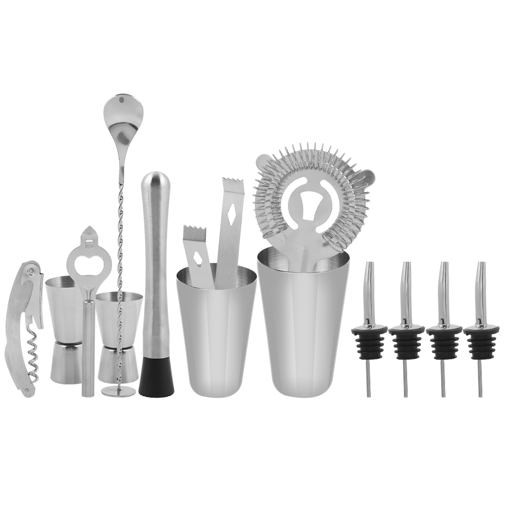 Set Mit 14 Bar-accessoires Aus Edelstahl: Cocktailshaker, Mixer, Trinkbesteck, Geschenkidee (600 Ml, 450 Ml)