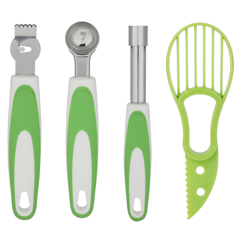 Set Mit 4 Küchenaccessoires: Obstmesser, Avocadoschneider, Fruchtfleischlöffel, Zitronenschneider