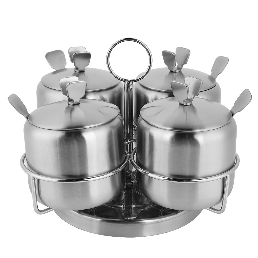 Set Aus 4 Gewürzgläsern Aus Edelstahl Mit Löffeln Und Deckeln, Salzbehälter Und Aufbewahrungsbox