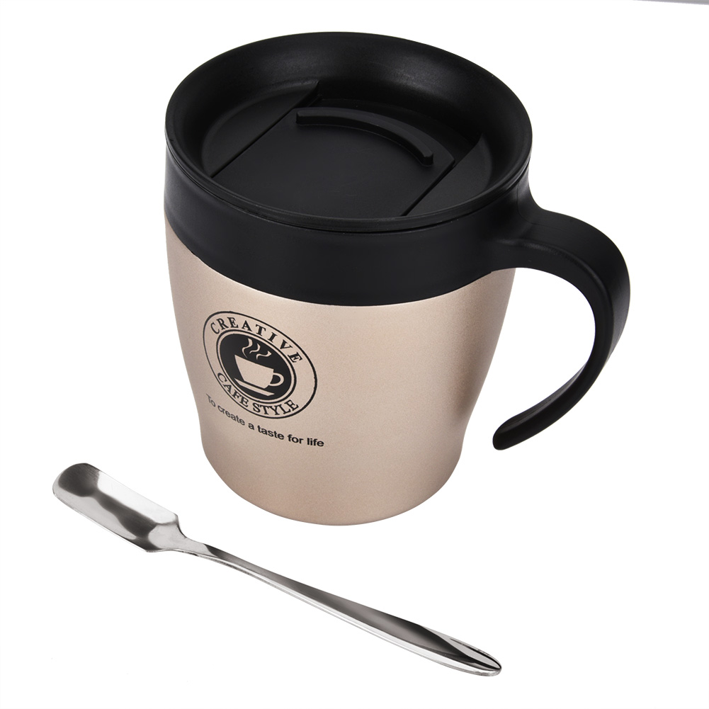 Isolierter Edelstahl-kaffeebecher Mit Löffel Und Deckel Für Büro Und Reisen (gold) 330 Ml