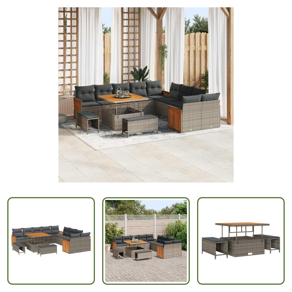 Poly-rattan - Gartensofa-set Mit Kissen 17 Pcs Grau Poly-rattan